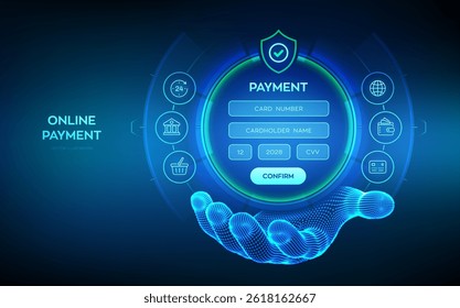 Online payment concept. Online banking digital technology. Online payment via banking application. Online shopping. Financial transaction. Digital interface in wireframe hand. Vector illustration.