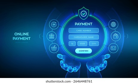 Online payment concept. Online banking digital technology. Online payment via banking application. Online shopping. Financial transaction. Digital interface in wireframe hands. Vector illustration.