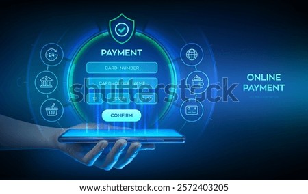 Online payment concept. Online banking digital technology. Online payment via banking application using smartphone. Online shopping. Financial transaction. Smartphone in hand. Vector illustration.