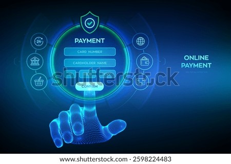 Online payment concept. Online banking digital technology. Online payment via banking application. Online shopping. Financial transaction. Wireframe hand press the button. Vector illustration.