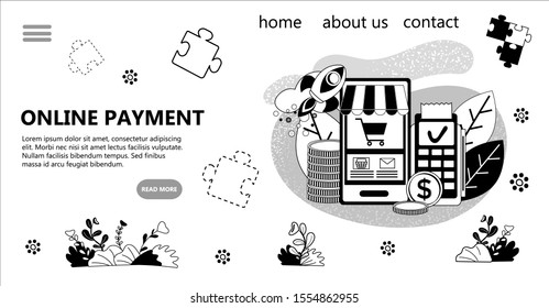 Online Payment Concept Banner. Mobile application online store on your smartphone Black and white monochrome vector illustration.