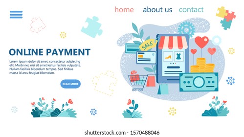 Online Payment Concept Banner Vector Illustration Online payment, online shopping, online store and card payment. Contactless NFC payment.