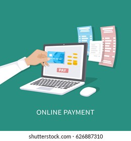 Online payment concept. Payment of bills, checks, online shopping via mobile app. E-commerce,  electronic business. Man's hand with a credit card and laptop. Vector illustration 