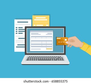 Online payment concept. Payment of bills, checks, online shopping via mobile app. E-commerce, electronic business. Man's hand with a credit card and laptop. Vector illustration on a blue background