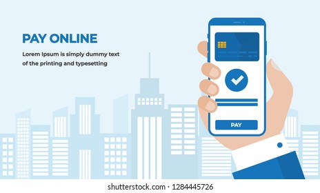 Online Payment Concept with Businessman Hand Holding a Smartphone with Credit Card on City Building Skyline Background. Suitable for Web banner, Infographics, Hero images. Flat Vector illustration 