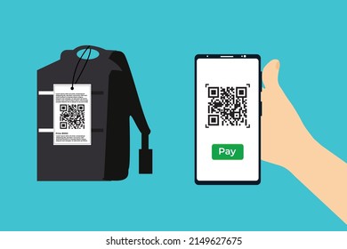 Online payment concept by scanning QR code in a smartphone vector. Flat design of a QR code payment information and a hand holding a mobile. Scanning product QR code and paying online bills vector.