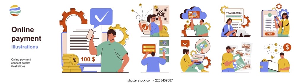 Online payment concept with character situations collection. Bundle of scenes people make purchases and pay bills using mobile application banking or laptop. Vector illustrations in flat web design