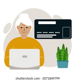 Concepto de pago en línea. Cierre de una gran tarjeta de crédito. Vieja, abuela, con una laptop. Ilustración plana del vector