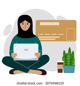 Concepto de pago en línea. Cierre de una gran tarjeta de crédito. Una mujer se sienta de piernas cruzadas, sosteniendo un portátil en la mano. Ilustración plana del vector