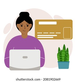 Online payment concept. Close up of a large credit card. A woman holding a laptop in his hand. Vector flat illustration