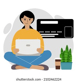 Concepto de pago en línea. Cierre de una gran tarjeta de crédito. Una mujer se sienta de piernas cruzadas, sosteniendo un portátil en la mano. Ilustración plana del vector