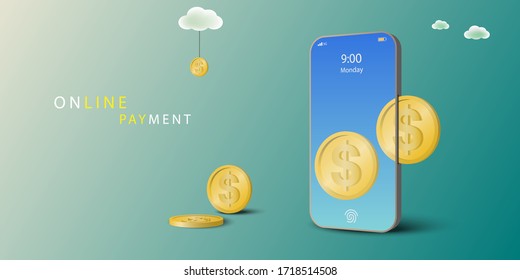 Online payment concept. Coins insert to mobile phone. Pay on mobile. Perspective vector.