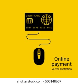 Online payment concept. Computer mouse connected to a credit card, symbol purchases and payments on the Internet. Vector illustration flat minimalism design.