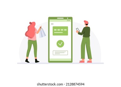 Online payment concept with a couple having successfully transaction after shopping