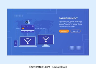 Online payment concept. Credit card connected to smartphone, laptop, and monitor devices by internet or wifi services for transaction or shopping. isolated with modern background. vector illustration 