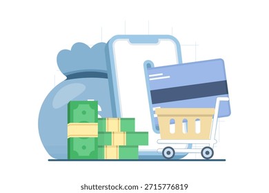 Online-Zahlungskonzept mit Debitkarte, Mobile Banking, E-Wallet und E-Commerce-Transaktion. Flache Vektorgrafik für digitalen Einkauf, bargeldlose Zahlung und Fintech-Services.