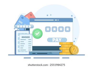 Conceito de pagamento online. Dispositivo com fatura eletrônica. Confirmação da transação financeira via SMS. Moedas e cartões em segundo plano. Ilustração de vetor de estilo plano no plano de fundo.