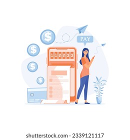 Online payment concept. Digital bill. young lady pay bill using smart phone. flat vector modern illustration