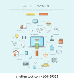Online payment concept, flat web design banner, editable stroke
