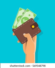 Online payment concept. Hand holding wallet with dollars bills isolated. Flat vector cartoon illustration for business web design. Closed purse with money. 