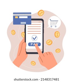 Online payment concept. Hand on smartphone conducts cashless transaction, shopping on Internet. Home delivery and modern technologies. Character with gadget or device. Cartoon flat vector illustration