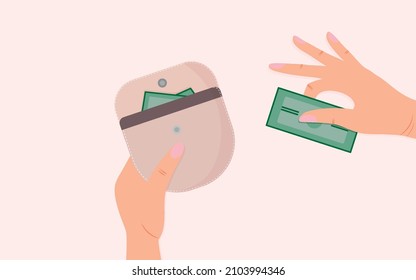 Online payment concept. Hand wallet with bills. For business design. Closed savings wallet. Vector illustration