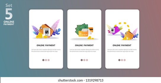 Online payment concept illustration app templete set. Internet payments, protection money transfer, online bank. Happy character. Screen gadget, money, wallet. Use for banner, mobile app, landing page