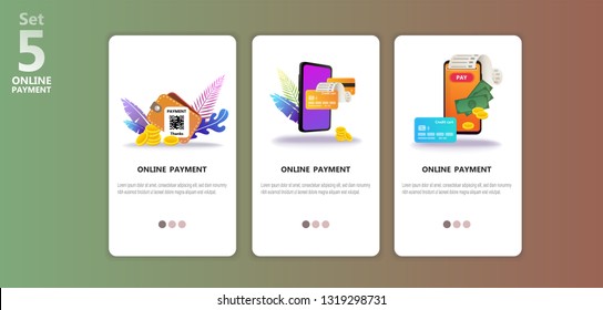 Online payment concept illustration app templete set. Internet payments, protection money transfer, online bank. Happy character. Screen gadget, money, wallet. Use for banner, mobile app, landing page