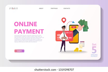 Online payment concept illustration set. Internet payments, protection money transfer, online bank. Happy character. Screen gadget, money, wallet. Use for banner, mobile app, landing page - Vector
