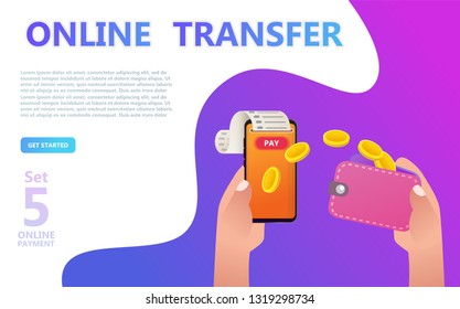 Online payment concept illustration set. Internet payments, protection money transfer, online bank. Screen gadget, money, wallet, check. Use for banner, mobile app, landing page - Vector