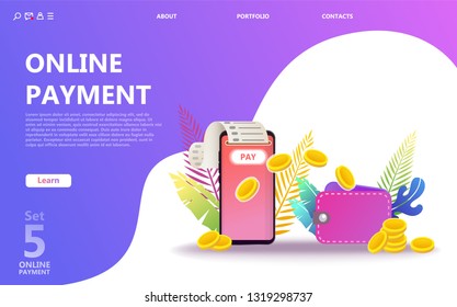 Online payment concept illustration set. Internet payments, protection money transfer, online bank. Screen gadget, money, wallet, check. Use for banner, mobile app, landing page - Vector