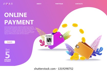 Online payment concept illustration set. Internet payments, protection money transfer, online bank. Screen gadget, money, wallet. Use for banner, mobile app, landing page - Vector