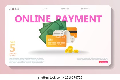 Online payment concept illustration set. Internet payments, protection money transfer, online bank. Screen gadget, money, wallet, check. Use for banner, mobile app, landing page - Vector