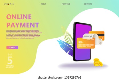 Online payment concept illustration set. Internet payments, protection money transfer, online bank. Screen gadget, money, wallet, check. Use for banner, mobile app, landing page - Vector
