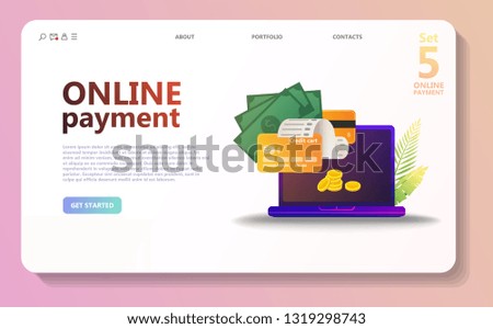 Online payment concept illustration set. Internet payments, protection money transfer, online bank. Screen gadget, money, wallet, check. Use for banner, mobile app, landing page - Vector