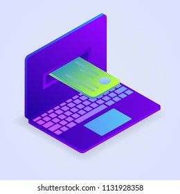 Online payment concept, insert credit card the notebook screen. Electronic bill payment. Isometric vector illustration suitable for info graphics, websites.