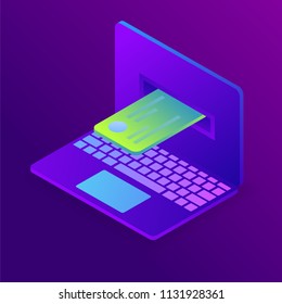 Online payment concept, insert credit card the notebook screen. Electronic bill payment. Isometric vector illustration suitable for info graphics, websites.