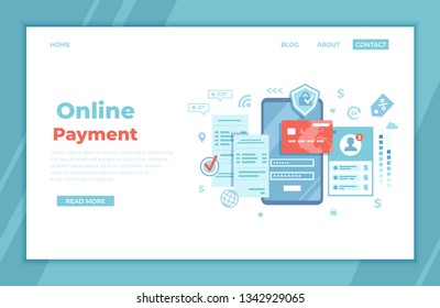 
Online Payment Concept. Internet payments, data protection, money transfer, online banking, mobile wallet, pay history, mobile app. Phone with user interface login and password, credit card, bills.