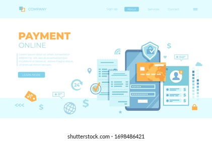 Online Payment Concept. Internet payments, data protection, money transfer, online banking, mobile wallet, mobile app. Phone with user interface. Can use for web banner, landing page, web template.