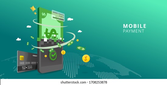 Online payment online concept. Internet payments, Mobile protection money transfer on world map background, online bank vector illustration