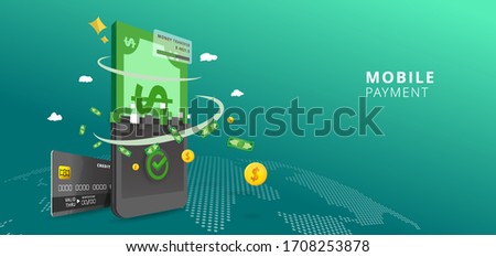 Online payment online concept. Internet payments, Mobile protection money transfer on world map background, online bank vector illustration
