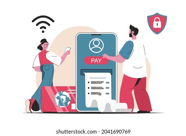 Concepto de pago en línea aislado. Pago por tarjeta y servicios bancarios en aplicación móvil. Escena de personas en diseño de dibujos animados planos. Ilustración vectorial para blogs, sitio web, aplicación móvil, materiales promocionales.