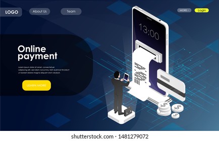 Online payment concept. Isometric illustration. Smartphone with debit card and coins. Can use for landing page, website, banners etc. 