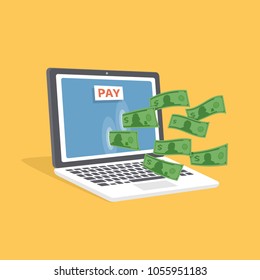 Online payment concept . Isometric laptop with cash. Banknotes go through the screen. Pay button. Payment services, shopping, replenishment of bank account. Vector.