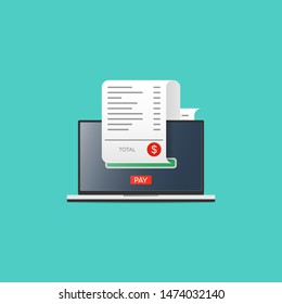 Online payment concept. Laptop with bill payment. Vector in flat style