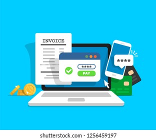 Online payment concept. Laptop with electronic invoice. Financial transaction confirmation via SMS. Coints and card on background.
Vector illustration in flat style.