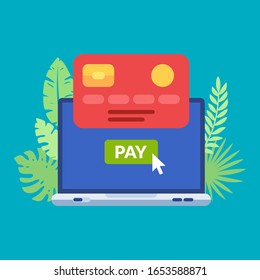 Concepto de pago en línea. Portátil con pantalla de pago y diseño vectorial de tarjeta de crédito. Ilustración de pago del sitio web de la tienda.