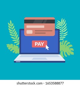 Online payment concept. Laptop with payment screen and credit card vector design. Store website pay illustration.