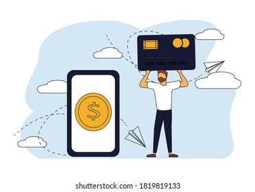 Online Payment Concept. Man Buyer Hold Huge Credit Card Stand near Smartphone with Buy Button on Screen in Supermarket. Purchases in Internet with Mobile Phone Paying. Cartoon Flat Vector Illustration