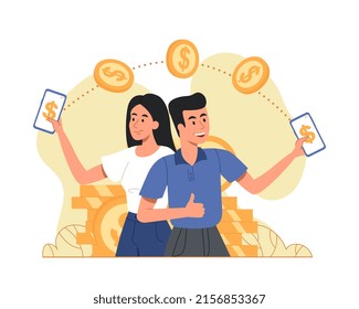 Online payment concept. Man and girl transfer money by smartphone, online shopping. Modern technologies and electronic banks, internet wallet, cashless transactions. Cartoon flat vector illustration